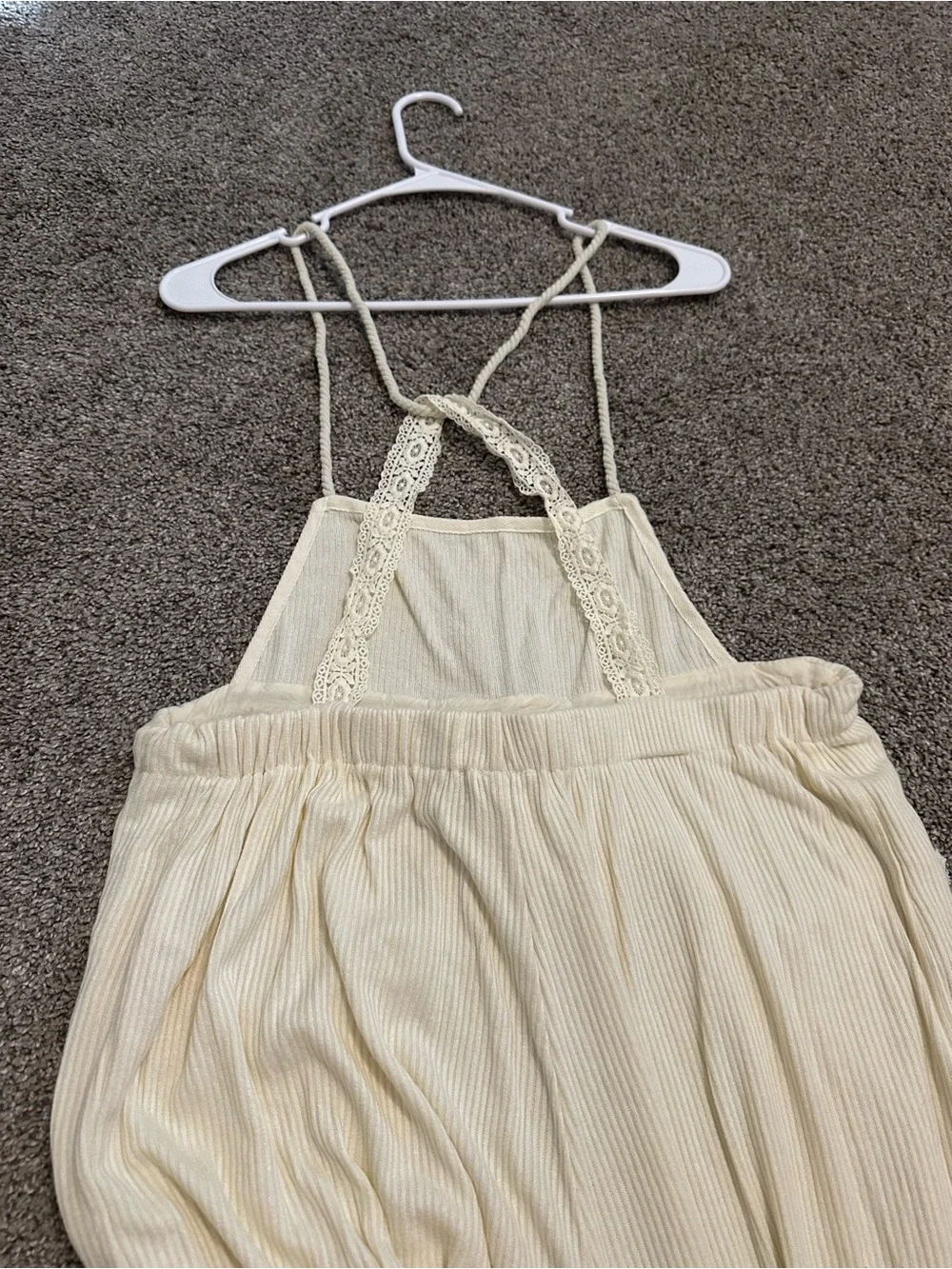 Free People Cream Ribbed Tie-Waist Jumpsuit with Lace Straps